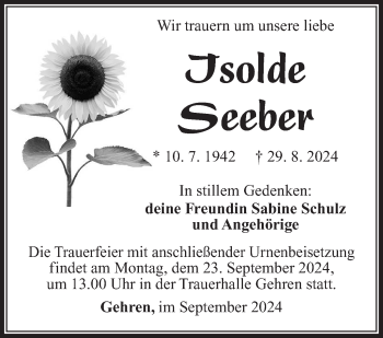 Traueranzeige von Isolde Seeber von Südthüringer Presse