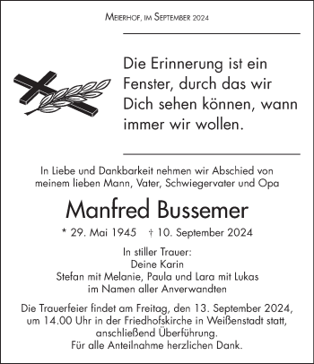 Traueranzeige von Manfred Bussemer von Frankenpost