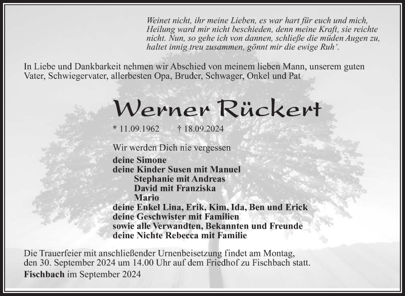  Traueranzeige für Werner Rückert vom 25.09.2024 aus Südthüringer Presse