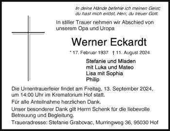 Traueranzeige von Werner Eckardt von Frankenpost
