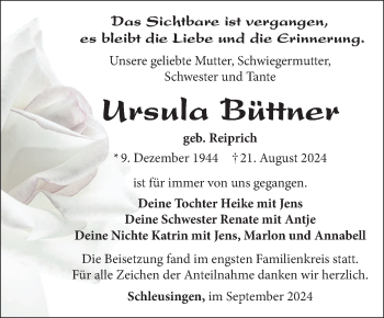 Traueranzeige von Ursula Büttner von Südthüringer Presse