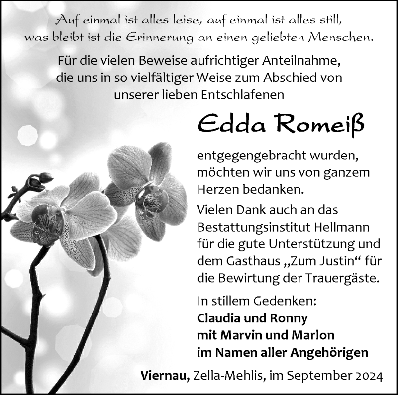  Traueranzeige für Edda Romeiß vom 21.09.2024 aus Südthüringer Presse