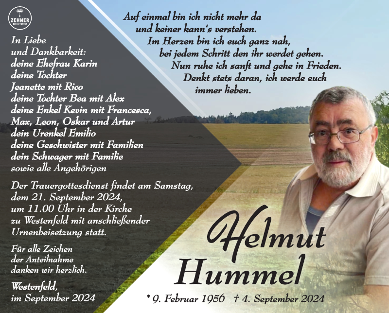  Traueranzeige für Helmut Hummel vom 14.09.2024 aus Südthüringer Presse