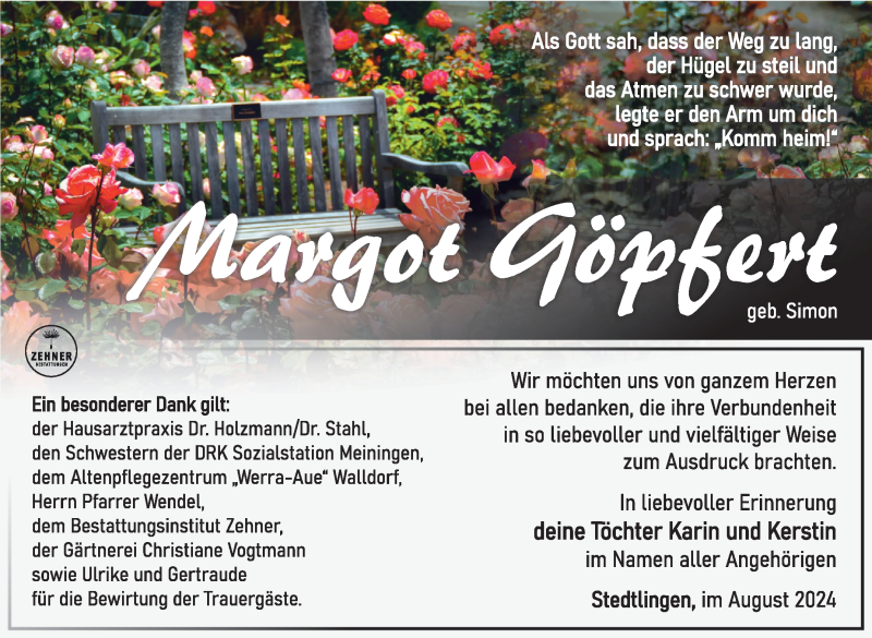  Traueranzeige für Margot Göpfert vom 28.09.2024 aus Südthüringer Presse