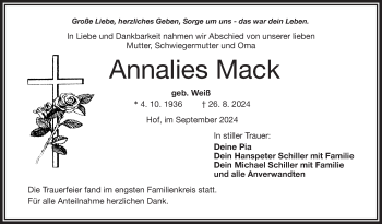 Traueranzeige von Annelies Mack von Frankenpost