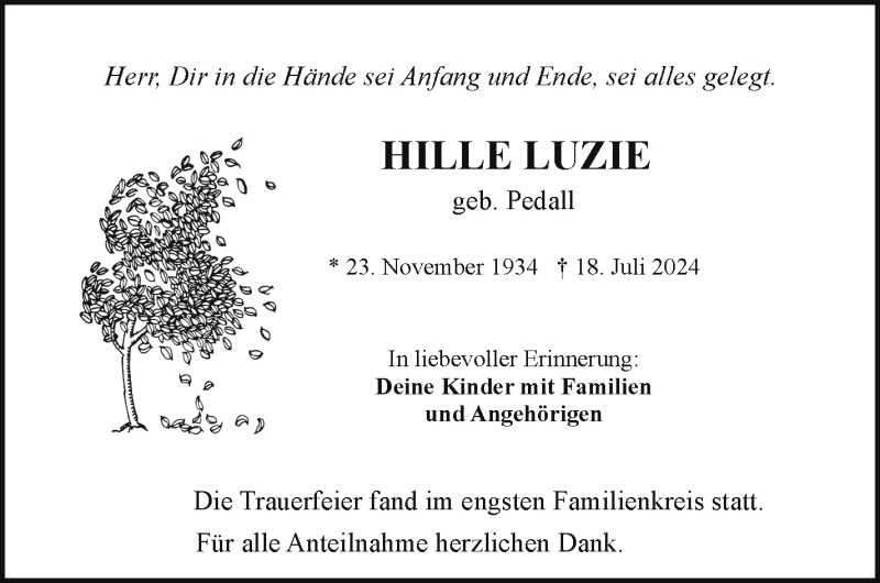  Traueranzeige für Luzie Hille vom 21.09.2024 aus Frankenpost