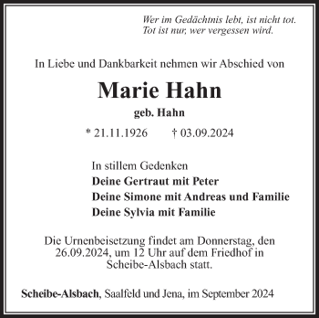 Traueranzeige von Marie Hahn von Südthüringer Presse