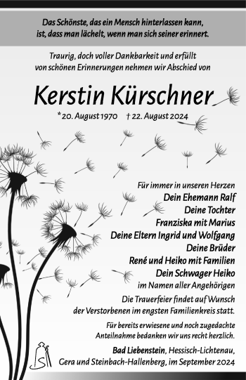 Traueranzeige von Kerstin Kürschner von Südthüringer Presse