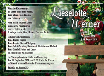 Traueranzeige von Lieselotte Werner von Südthüringer Presse