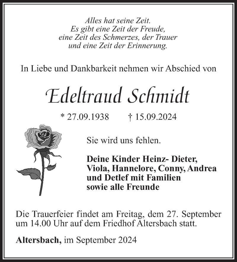  Traueranzeige für Edeltraud Schmidt vom 21.09.2024 aus Südthüringer Presse