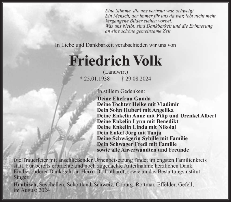  Traueranzeige für Friedrich Volk vom 14.09.2024 aus Südthüringer Presse