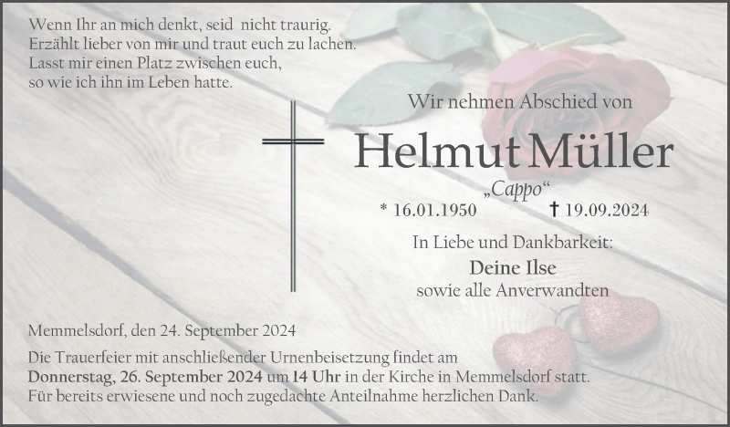  Traueranzeige für Helmut Müller vom 24.09.2024 aus Neue Presse Coburg