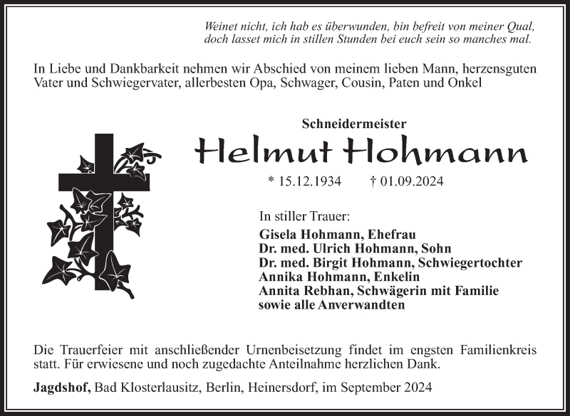  Traueranzeige für Helmut Hohmann vom 07.09.2024 aus Südthüringer Presse