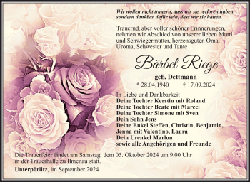 Traueranzeige von Bärbel Riege von Südthüringer Presse