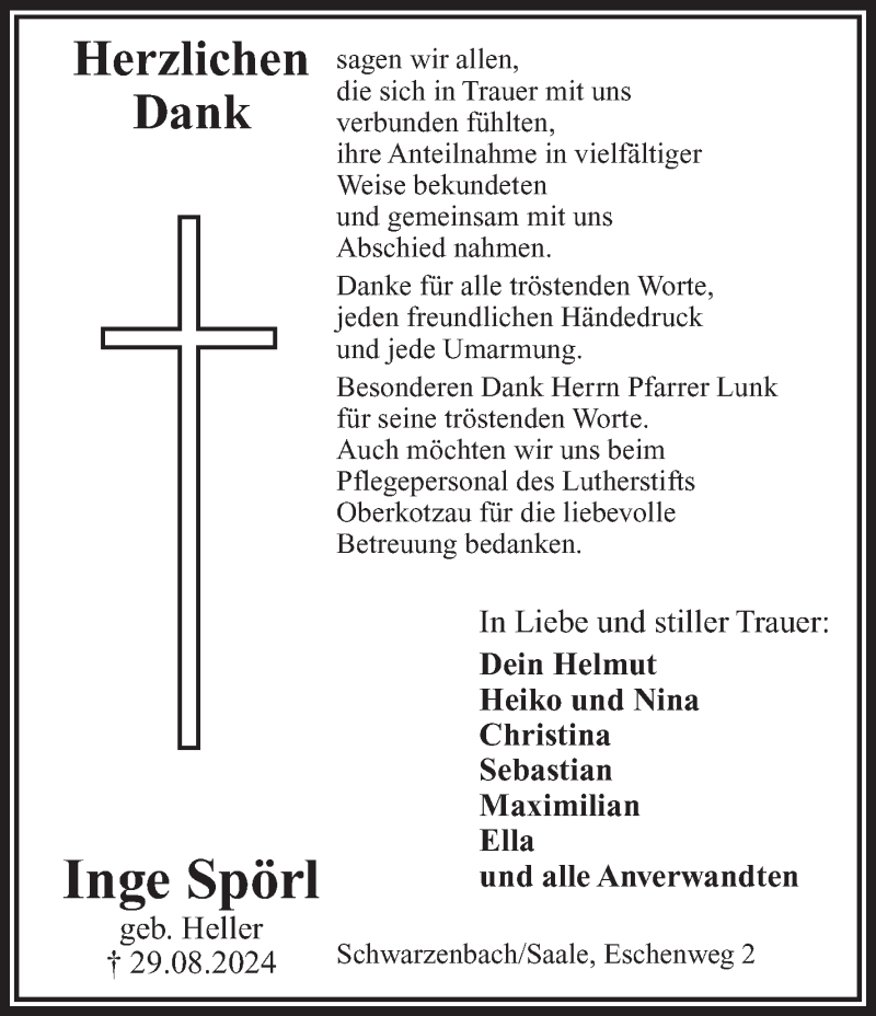  Traueranzeige für Inge Spörl vom 14.09.2024 aus Frankenpost