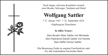 Traueranzeige von Wolfgang Sattler von Frankenpost