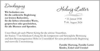Traueranzeige von Hedwig Lutter von Neue Presse Coburg