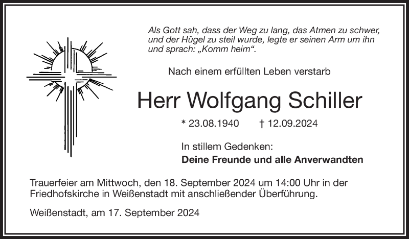  Traueranzeige für Wolfgang Schiller vom 17.09.2024 aus Frankenpost