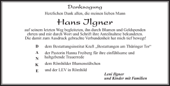 Traueranzeige von Hans Ilgner von Südthüringer Presse
