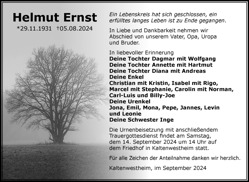  Traueranzeige für Helmut Ernst vom 07.09.2024 aus Südthüringer Presse