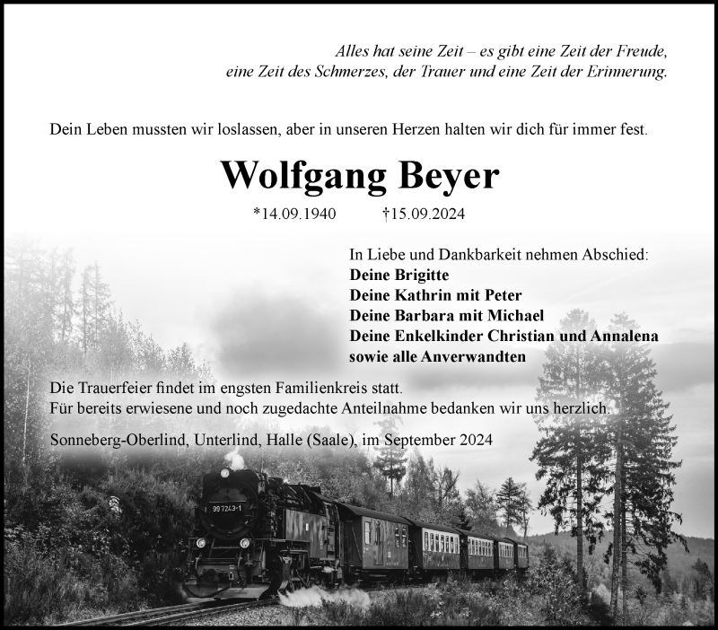  Traueranzeige für Wolfgang Beyer vom 21.09.2024 aus Südthüringer Presse