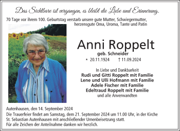 Traueranzeige von Anni Roppelt von Neue Presse Coburg