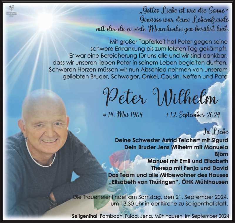  Traueranzeige für Peter Wilhelm vom 19.09.2024 aus Südthüringer Presse