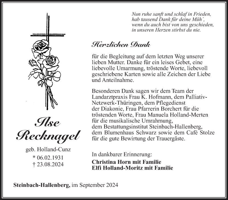  Traueranzeige für Ilse Recknagel vom 28.09.2024 aus Südthüringer Presse