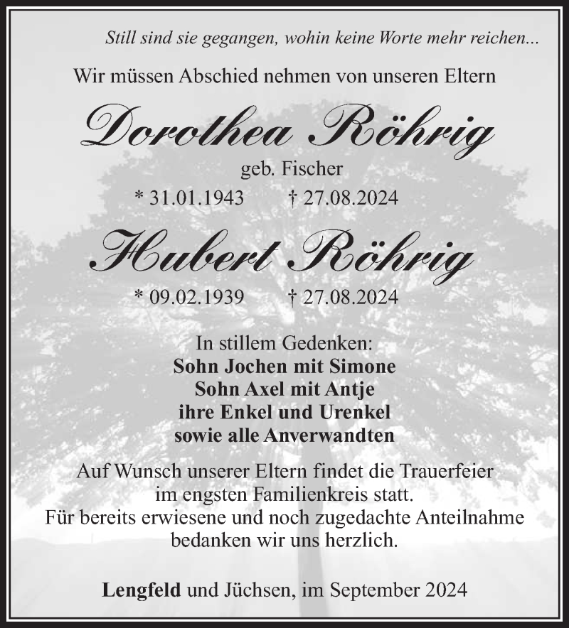  Traueranzeige für DorotheaHubert RöhrigRöhrig vom 21.09.2024 aus Südthüringer Presse