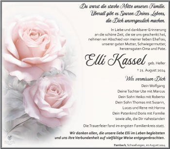Traueranzeige von Elli Kassel von Südthüringer Presse