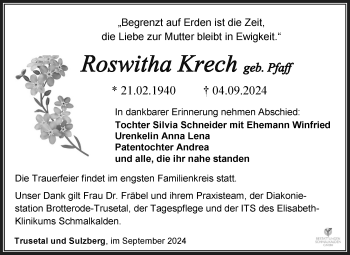 Traueranzeige von Roswitha Krech von Südthüringer Presse