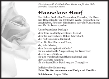 Traueranzeige von Hannelore Hanf von Südthüringer Presse