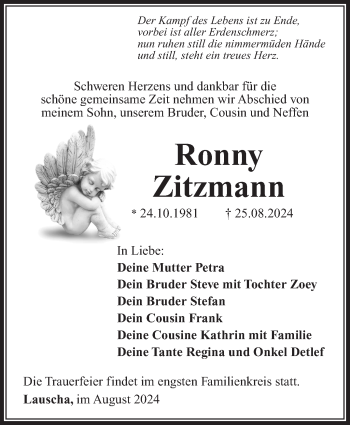 Traueranzeige von Ronny Zitzmann von Südthüringer Presse