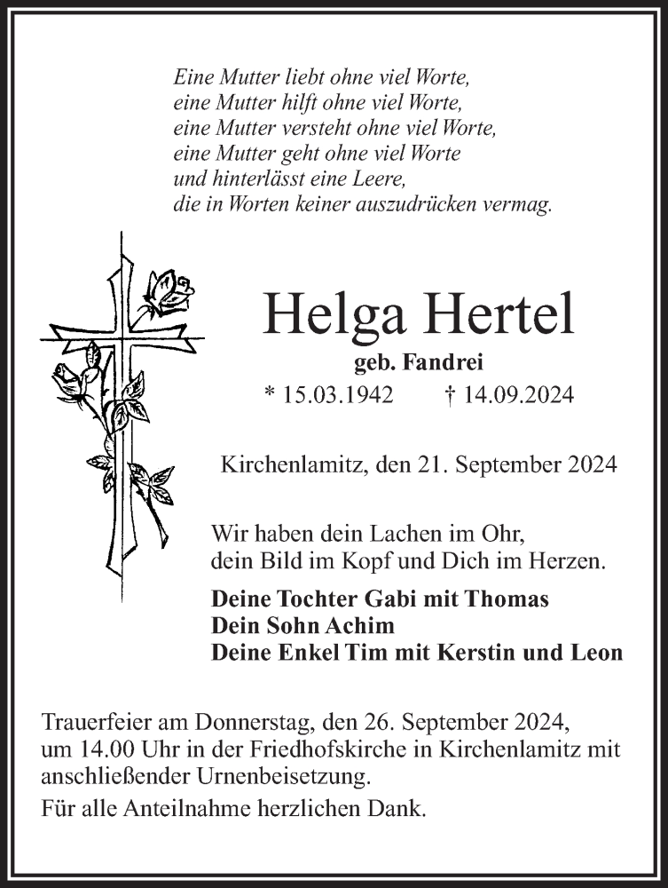  Traueranzeige für Helga Hertel vom 21.09.2024 aus Frankenpost