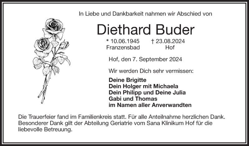  Traueranzeige für Diethard Buder vom 07.09.2024 aus Frankenpost