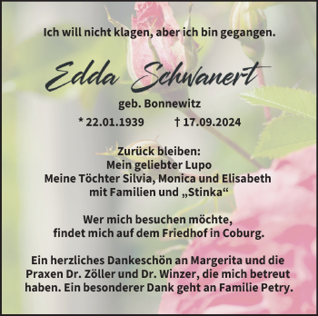 Traueranzeige von Edda Schwanert von Neue Presse Coburg