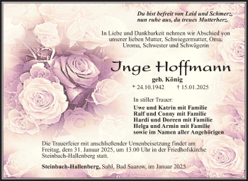 Traueranzeige von IngeInge HoffmannHoffmann von Südthüringer Presse