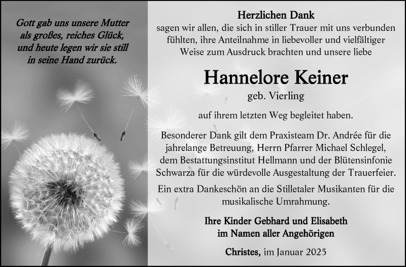  Traueranzeige für Hannelore Keiner vom 11.01.2025 aus Südthüringer Presse