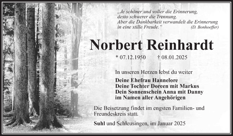  Traueranzeige für Norbert Reinhardt vom 25.01.2025 aus Südthüringer Presse