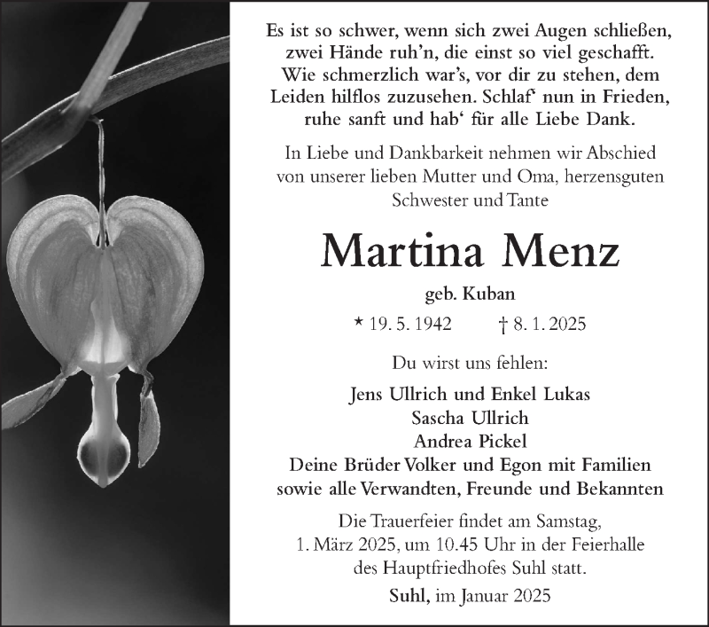  Traueranzeige für Martina Menz vom 18.01.2025 aus Südthüringer Presse