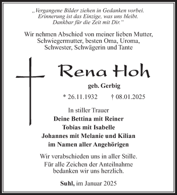 Traueranzeige von Rena Hoh von Südthüringer Presse