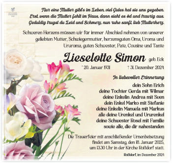 Traueranzeige von Lieselotte Simon von Südthüringer Presse