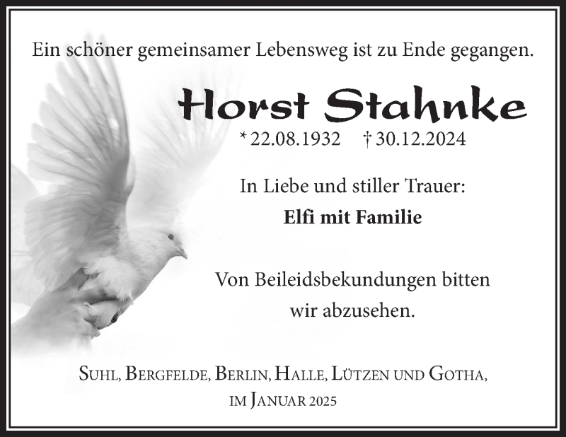  Traueranzeige für Horst Stahnke vom 11.01.2025 aus Südthüringer Presse
