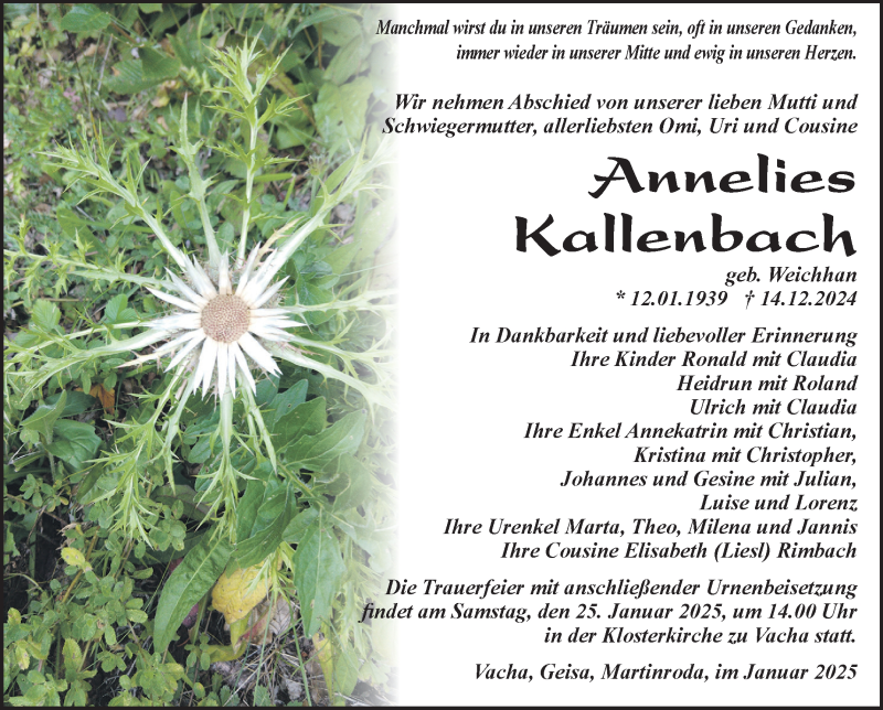  Traueranzeige für Annelies Kallenbach vom 18.01.2025 aus Südthüringer Presse