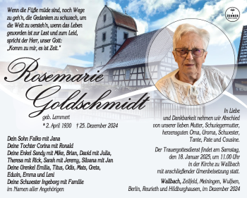 Traueranzeige von Rosemarie Goldschmidt von Südthüringer Presse