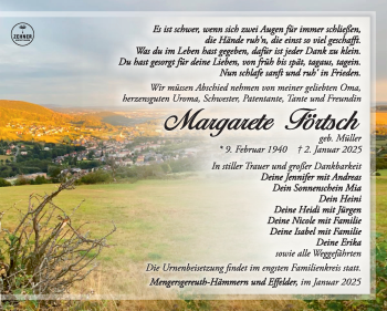 Traueranzeige von Margarete Förtsch von Südthüringer Presse