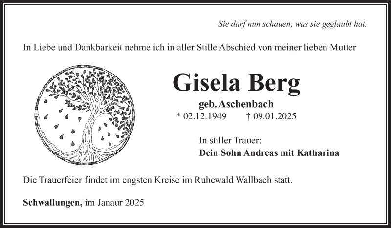  Traueranzeige für Gisela Berg vom 17.01.2025 aus Südthüringer Presse