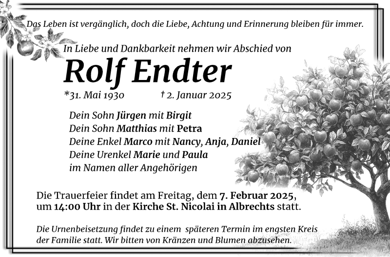  Traueranzeige für Rolf Endter vom 25.01.2025 aus Südthüringer Presse