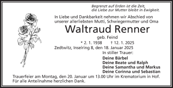 Traueranzeige von Waltraud Renner von Frankenpost