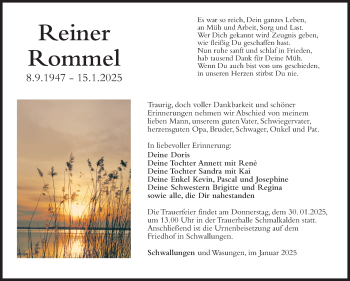 Traueranzeige von Reiner Rommel von Südthüringer Presse